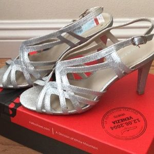 Silver glitter strap shoes approx: 4 inch heel